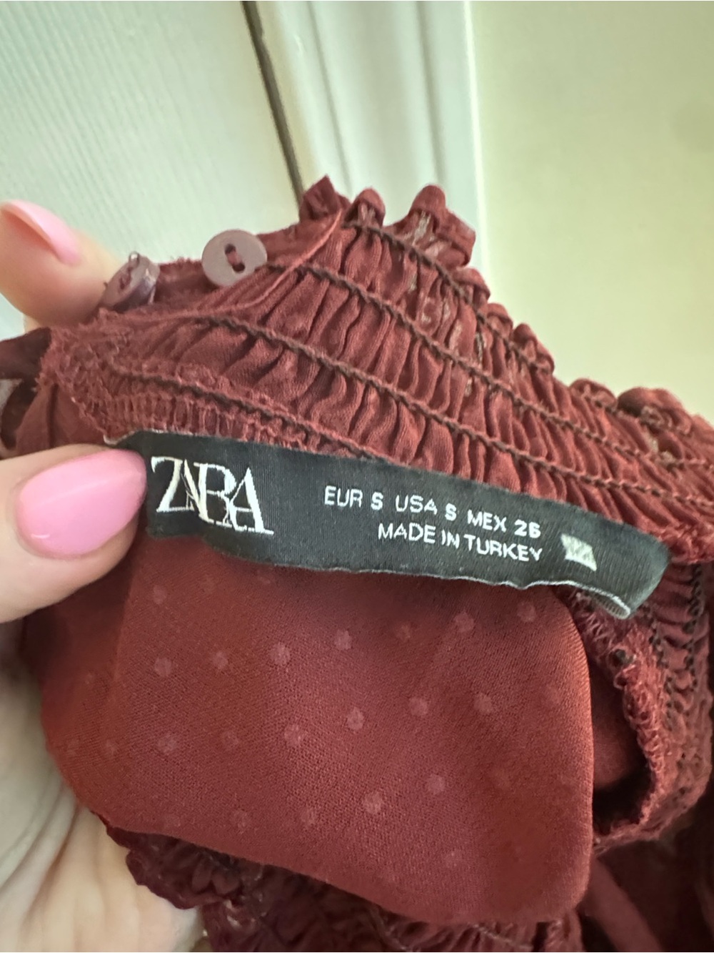 ZARA Burgundy High Neck Sheer Blouse Cinched Waist Whimsigoth Size Small - Picture 6 of 7